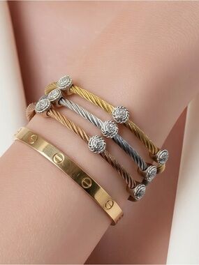 Diamond disc stainless steel and sterling silver bracelet